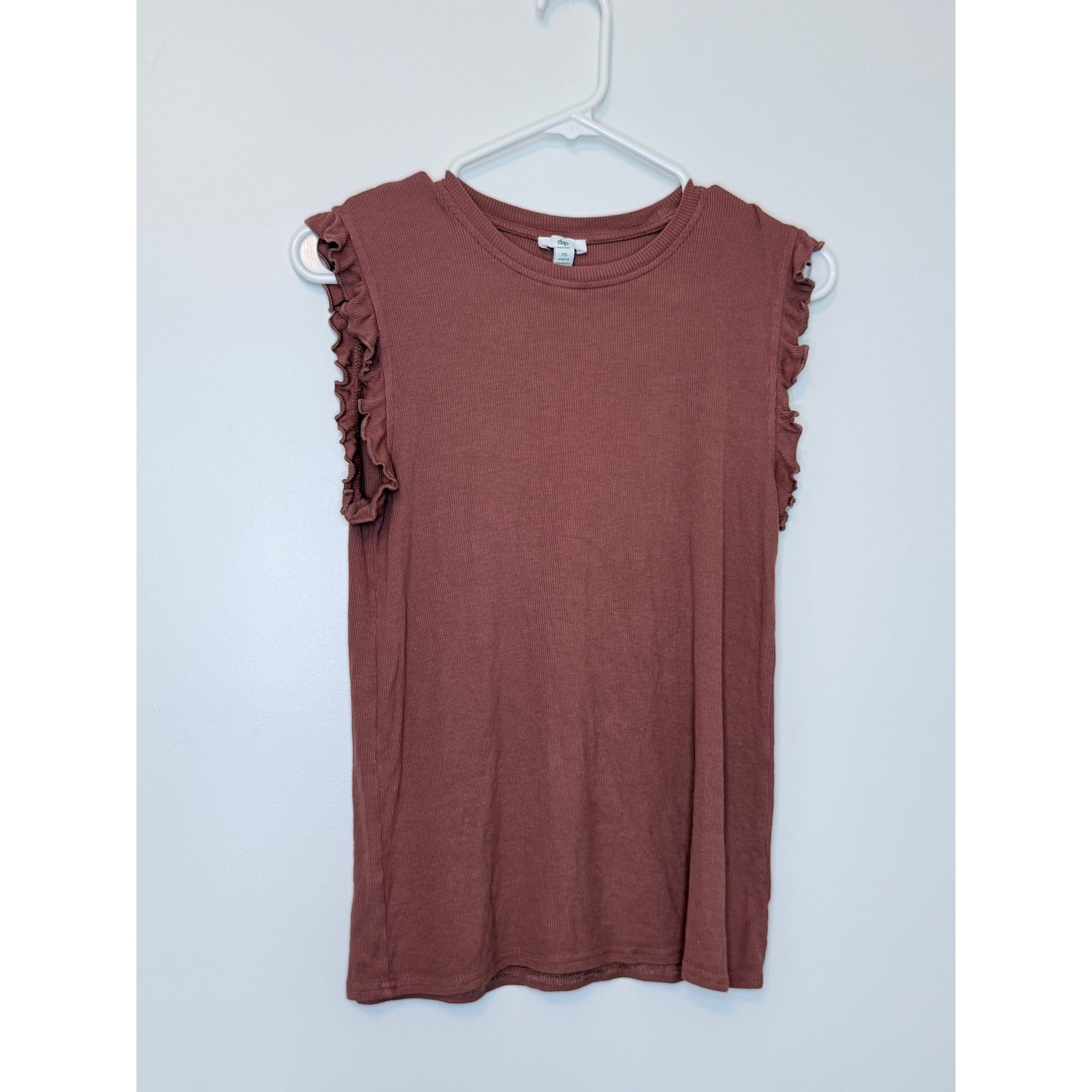 Dip Ruffle Sleeve Ribbed Knit Top Mauve Pink Crewneck XS