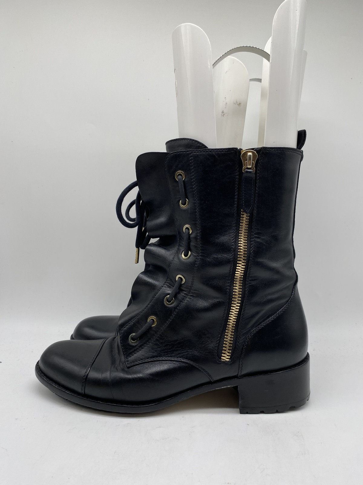 Valentino Garavani Black Leather Ruffle Lace-Up Side Zip Boots Size 40 COA