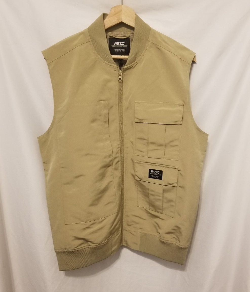 WESC Multi Cargo Twill Utility Vest Men Medium Women Large Khaki Full Zip