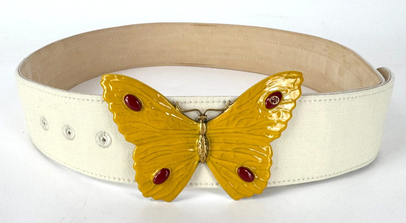 Gucci Auth Ivory Leather Fabric Belt 80 cm 32 in Yellow Butterfly Buckle Bag