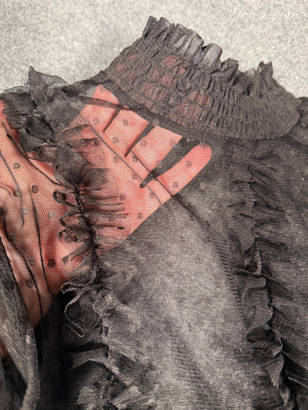 Sheer Black Mesh w/ Clip Dots Overlay w/ High Neck and Puff Sleeves
