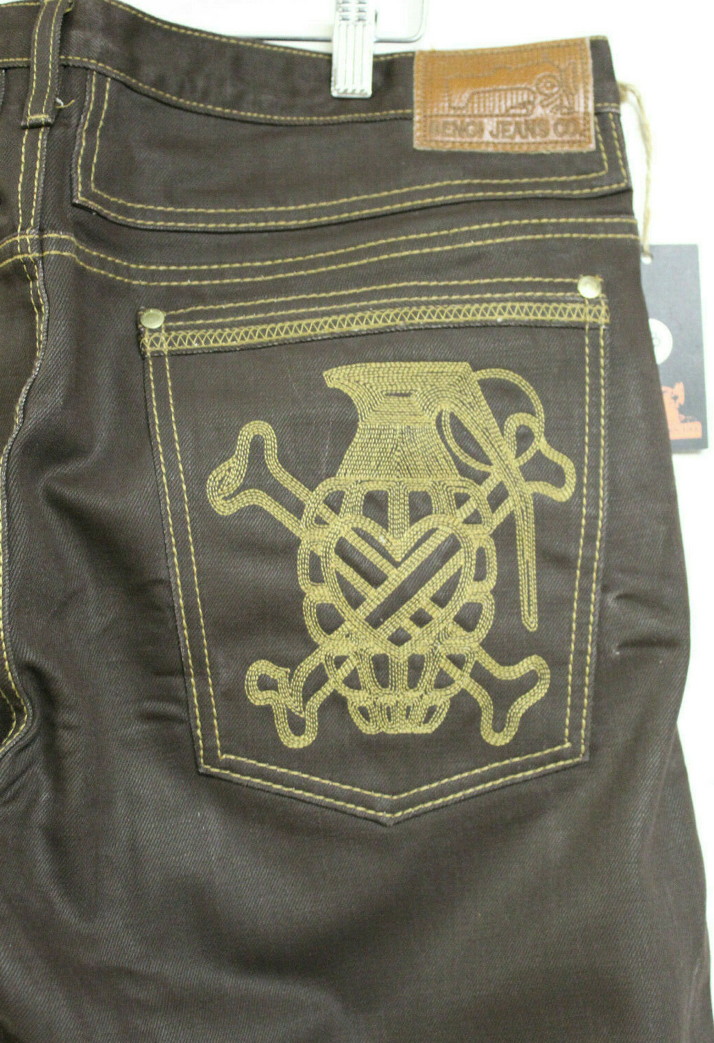 Bengi Jeans Co Mens Brown Denim Yellow Stitching Grenade Size 38W 34L