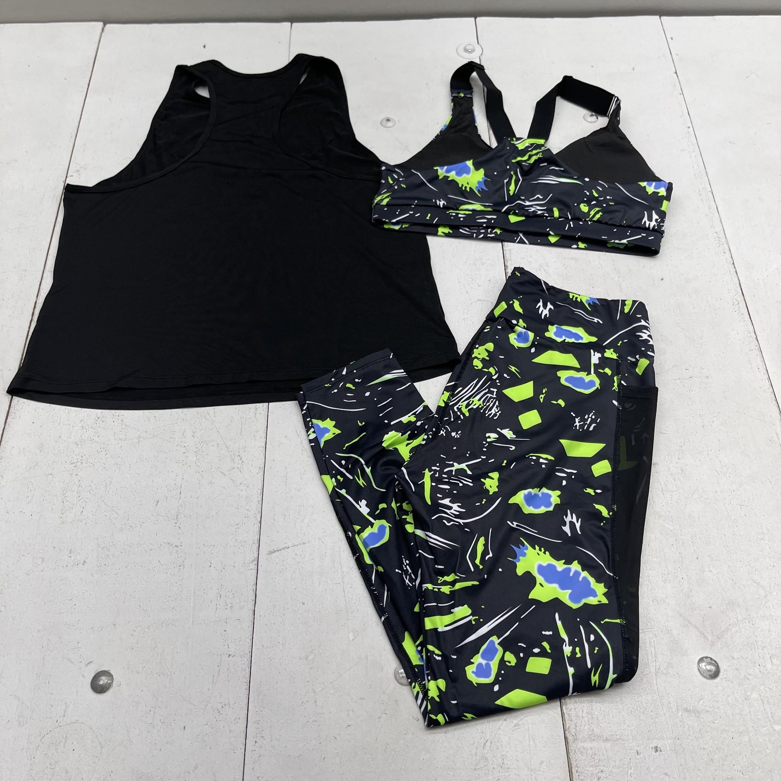 SHEIN Activewear 3 Piece Set Womens Large Black Powerful Tank Bra Leggings Print