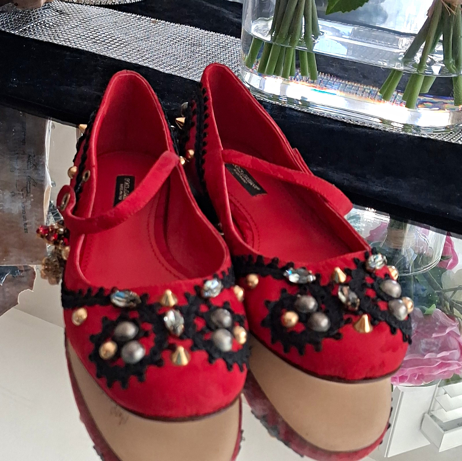 Dolce & Gabbana Women’s Mary Jane Flats US 7 EU 37 Red Beaded Studded Silk