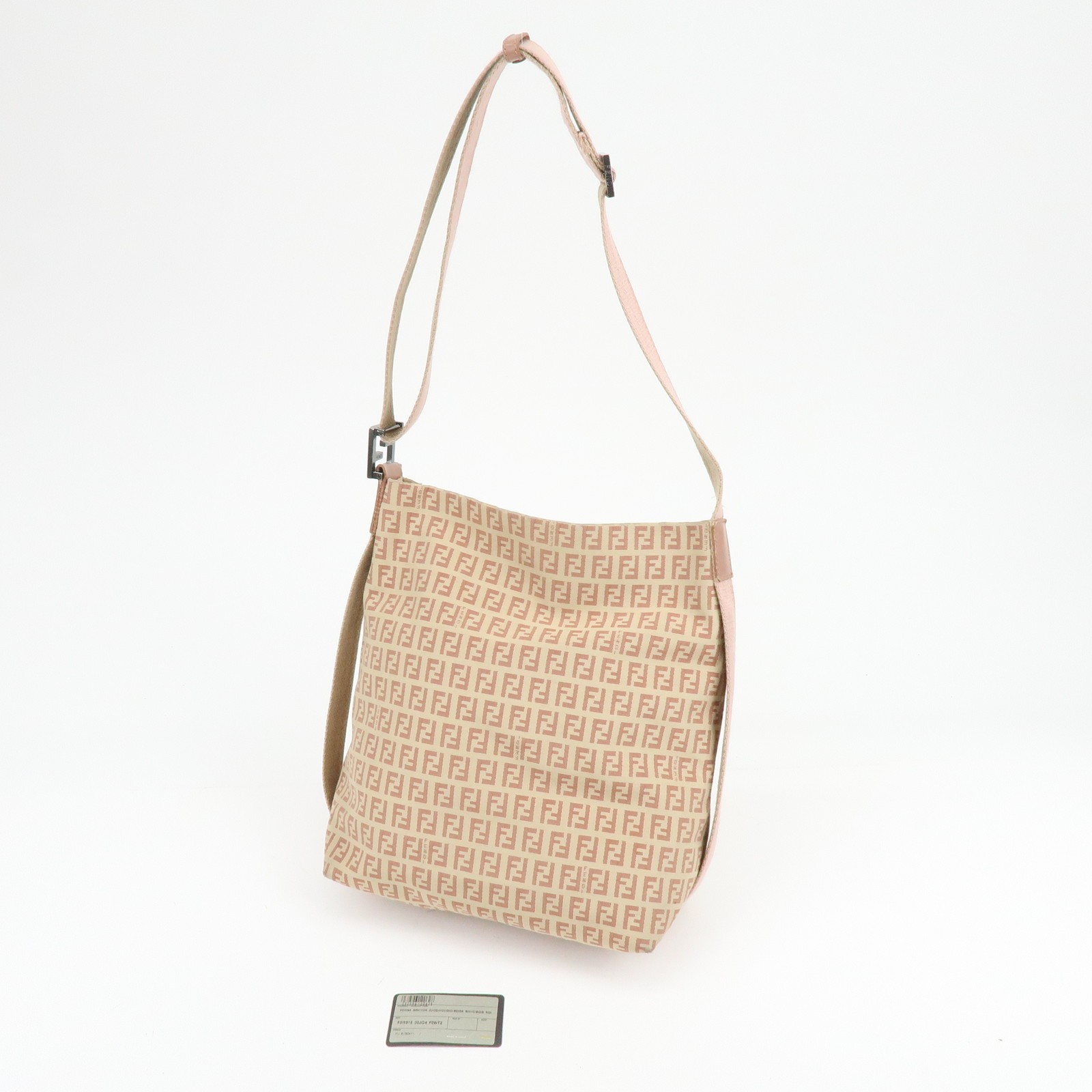 FENDI Zucchino Canvas Leather Shoulder Bag Beige Pink 8BR318 Authentic Used F/S