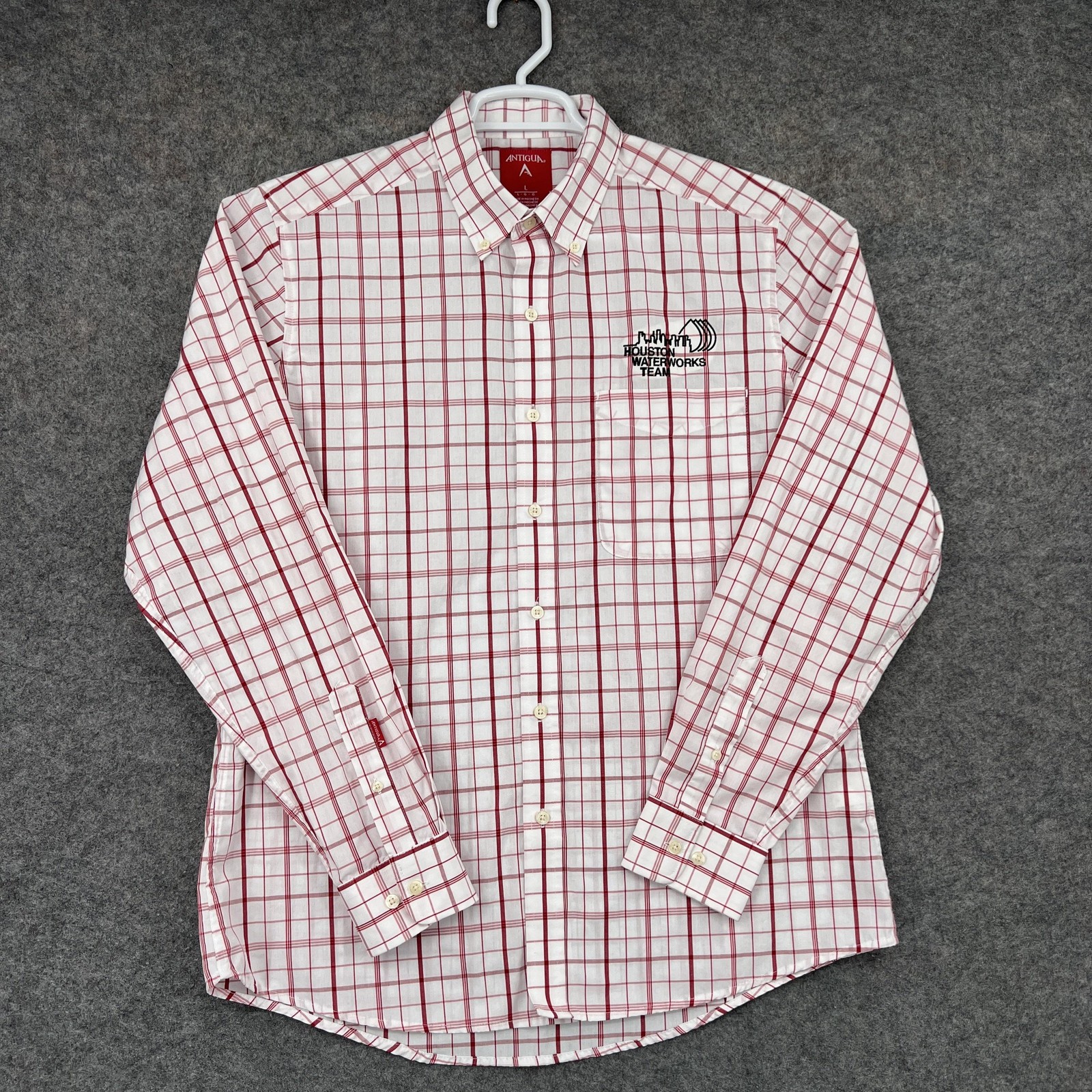 Antigua Button Down Shirt Mens Large White Plaid Long Sleeve Pocket Embroidered