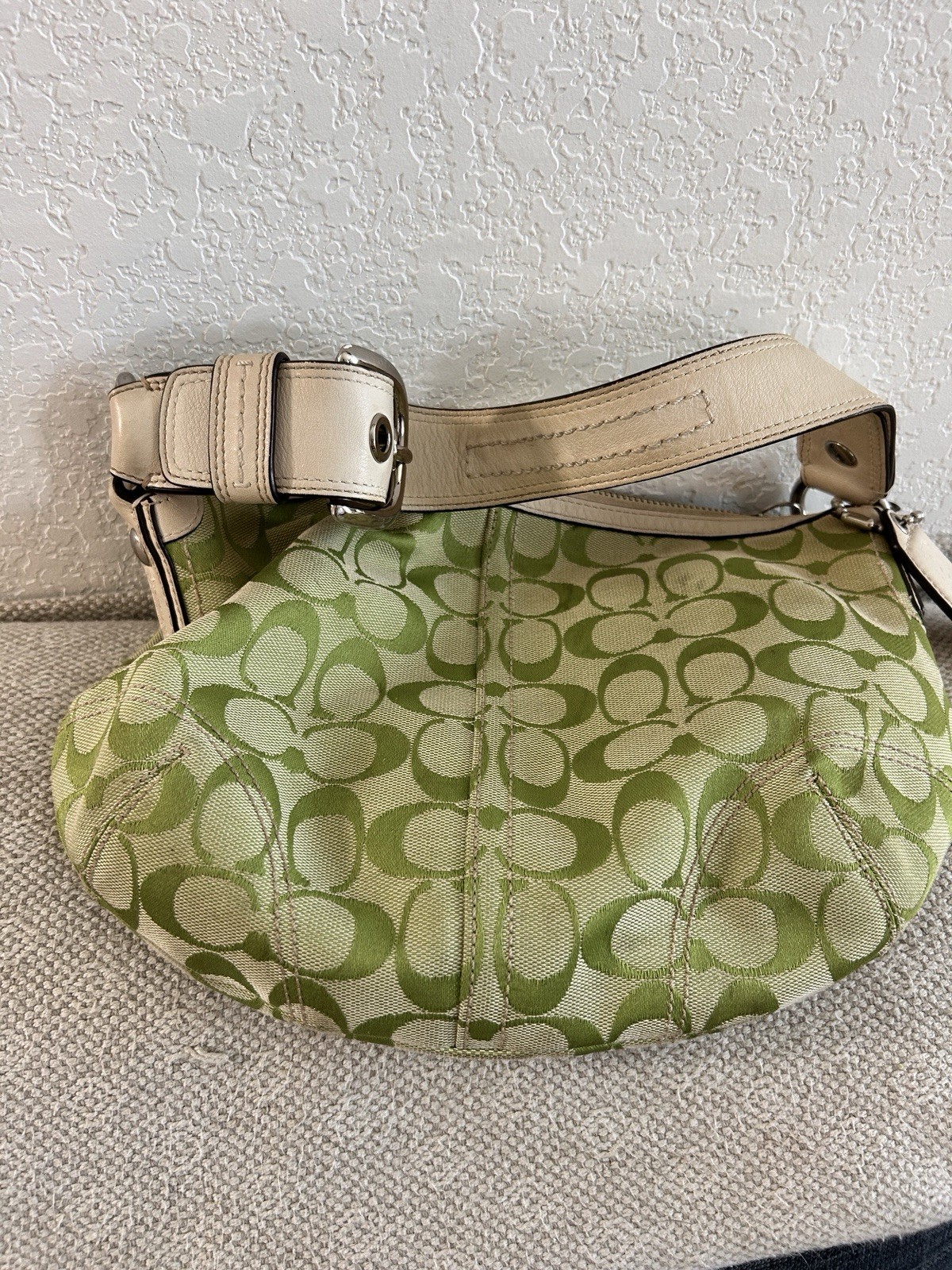 Coach APPLE GREEN Signature Canvas White Leather Trim Shoulder Bag Y2K Rare