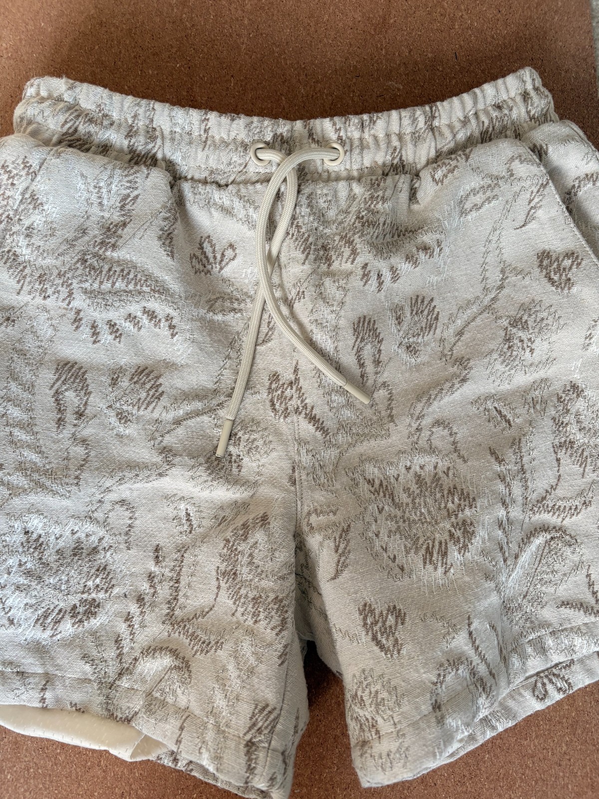 Maison Article Men’s Small Woven Shorts Toile Nature Print Drawstring Cream Tan