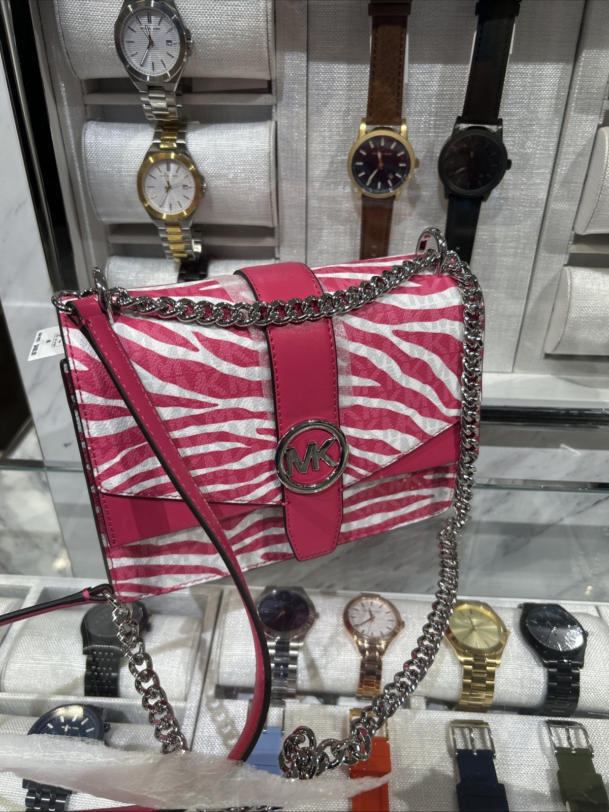 Michael Kors Greenwich Small Crossbody Pink & White Zebra Stripe Bag Handbag MK