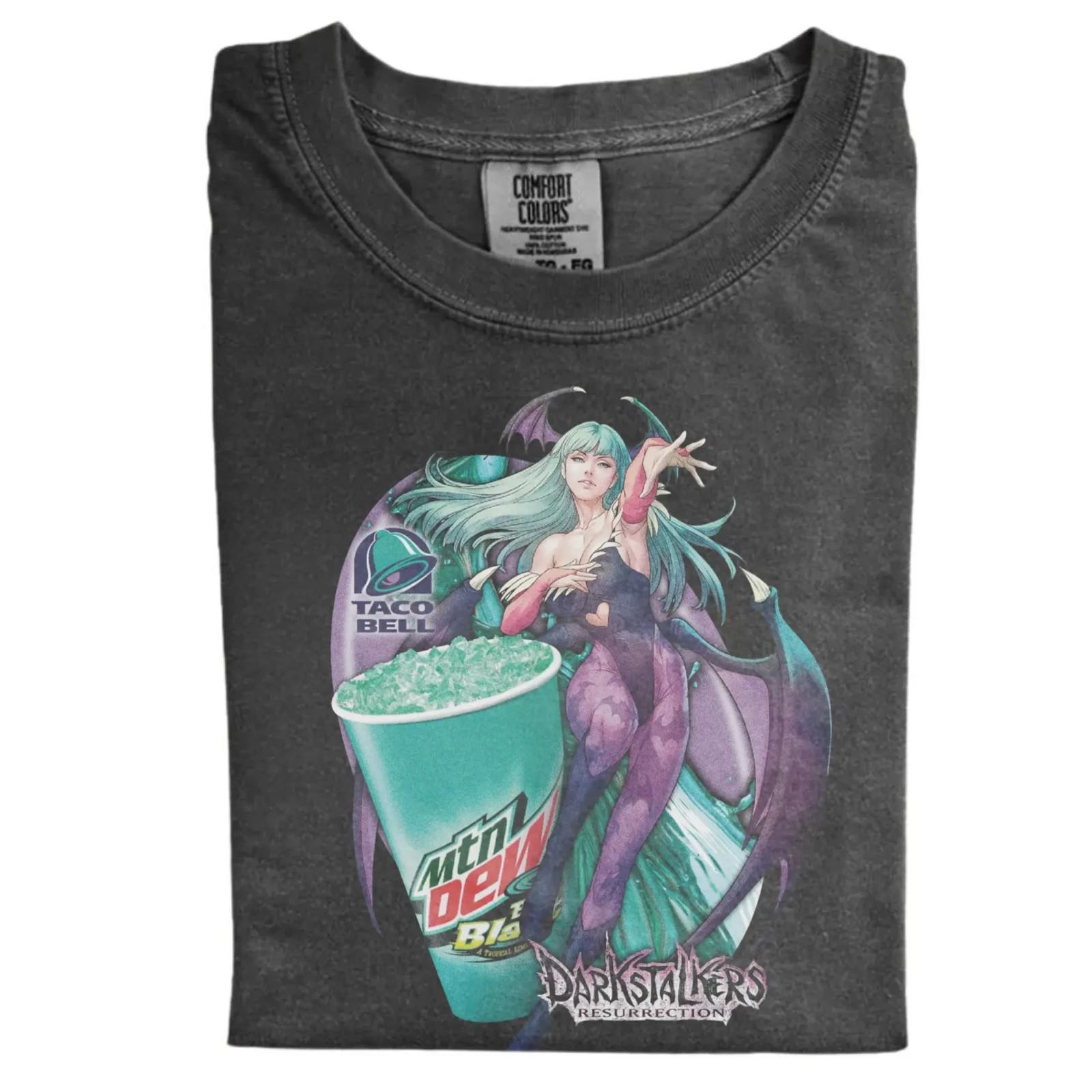 Morrigan Darkstalkers Shirt, Mountain Dew Baja Blast Anime Parody Tee, Taco Bell