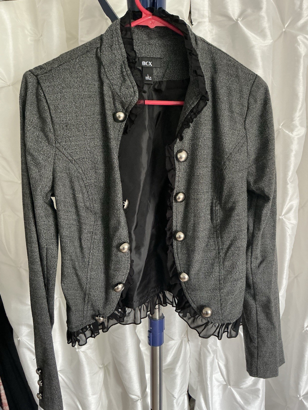 BCX Women’s L Dark Grey Fitted Blazer Black Ruffled Trim Silver Military Buttons