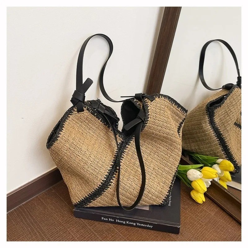 Woven Straw Tote Bag Geometric Raffia Beach Purse Boho Shoulder Handbag