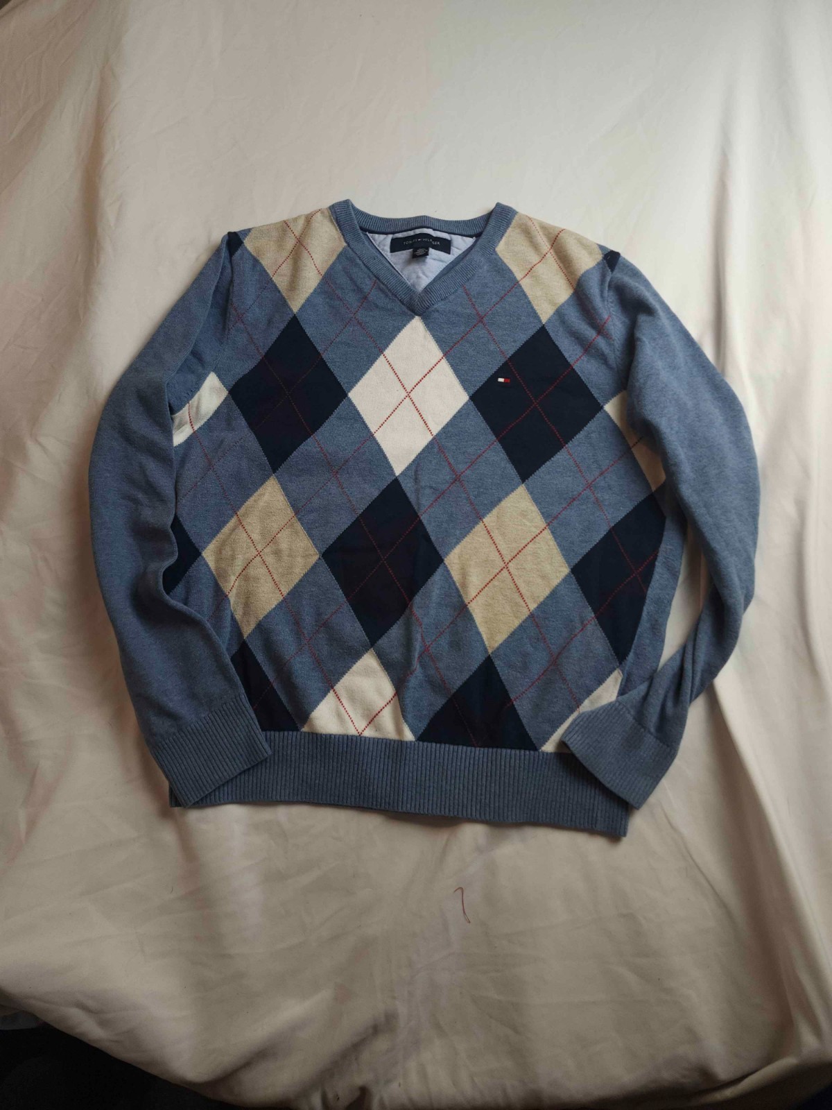 Tommy Hilfiger Sweater Mens Small Blue Argyle Knit V-Neck Pullover Preppy Office