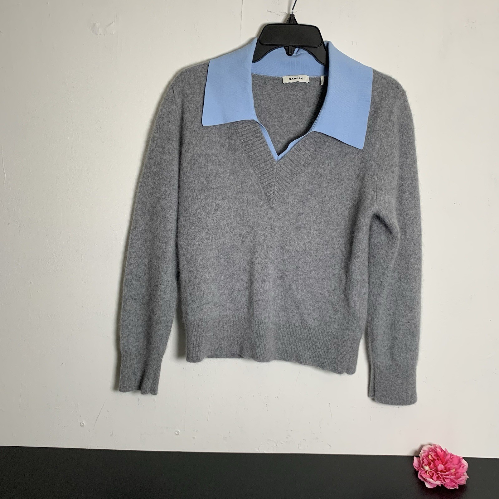 Sandro – Collared Wool Blend Sweater – Gray Blue – Size: 3