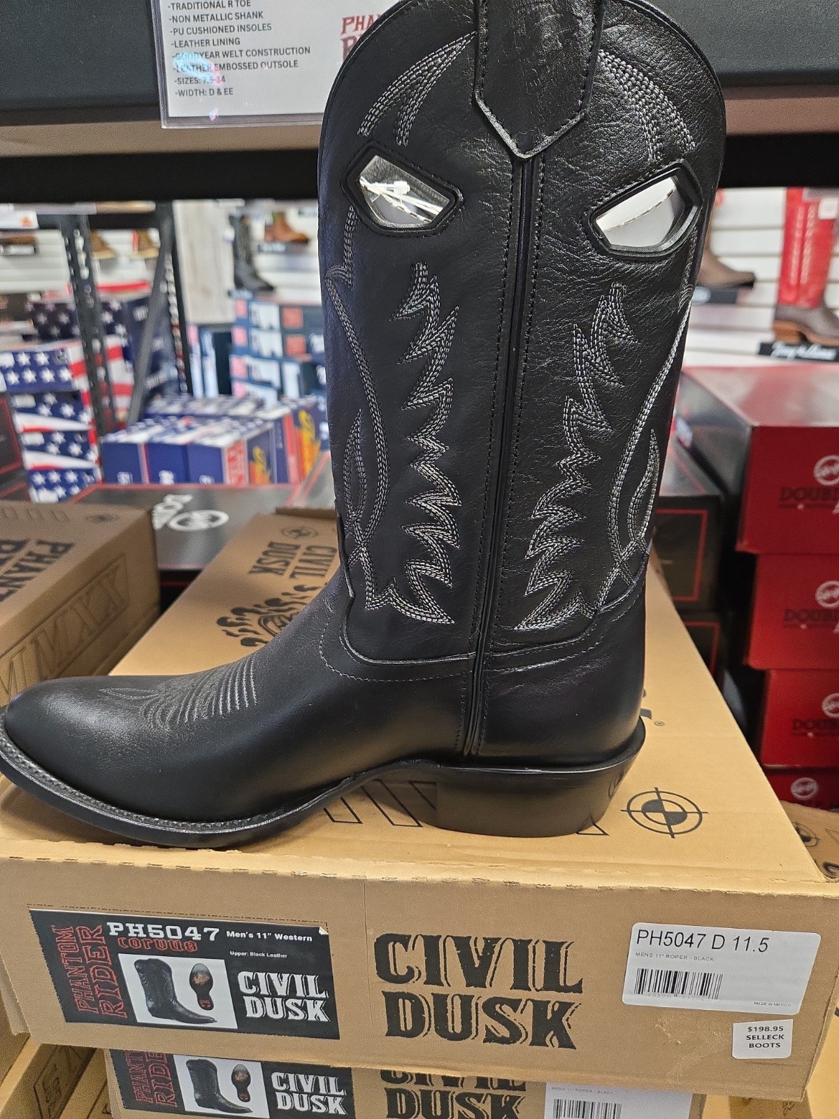 PH5047 8.0D PHANTOM RIDER BY DOUBLE H 11″ BLK LEATHER ROPER BOOTS NEW IN BOX