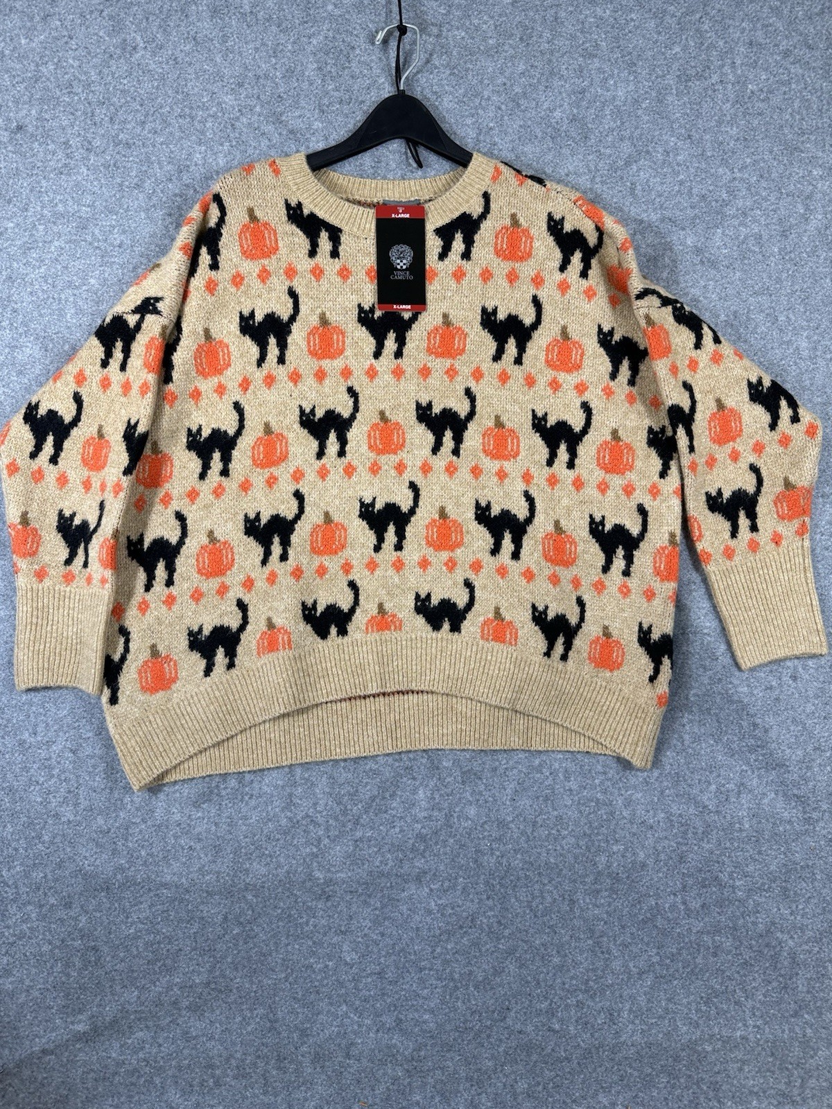 Vince Camuto Pullover Halloween Sweater Womens XL Beige Tan Knit Crew Neck NWT