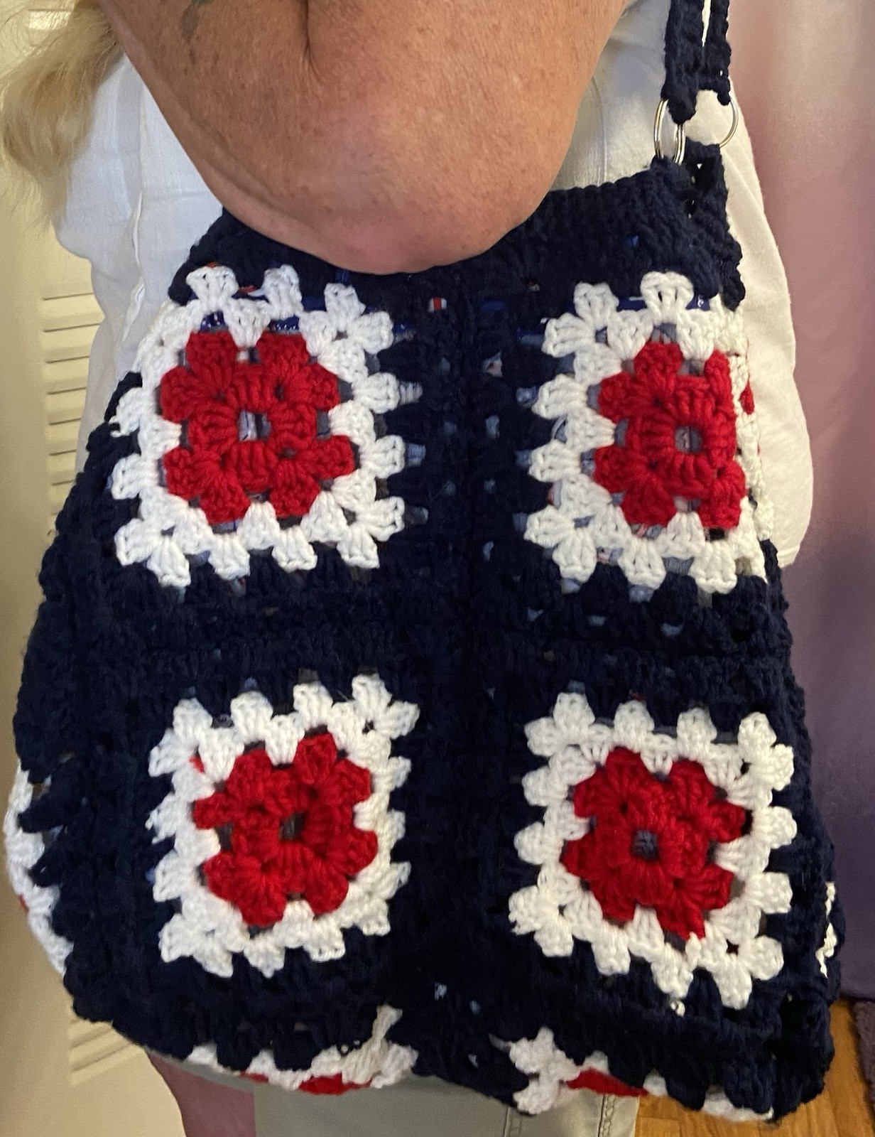 Handmade Crochet Red, White,Blue farmer’s market and all around great lined tote