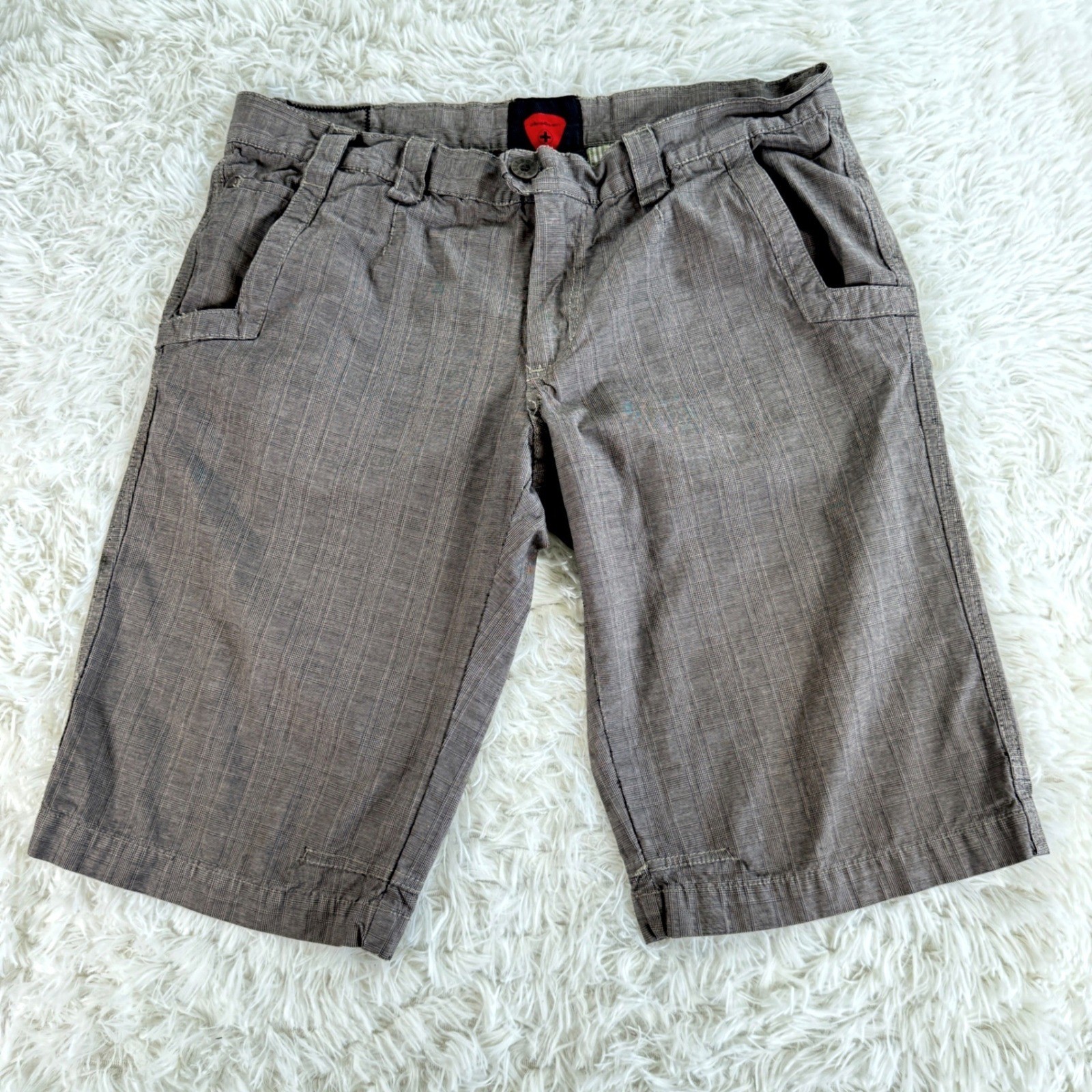 Vintage Strellson Mens Brown Plaid Casual Flat Front Shorts Size 36 90s Y2K Sk8