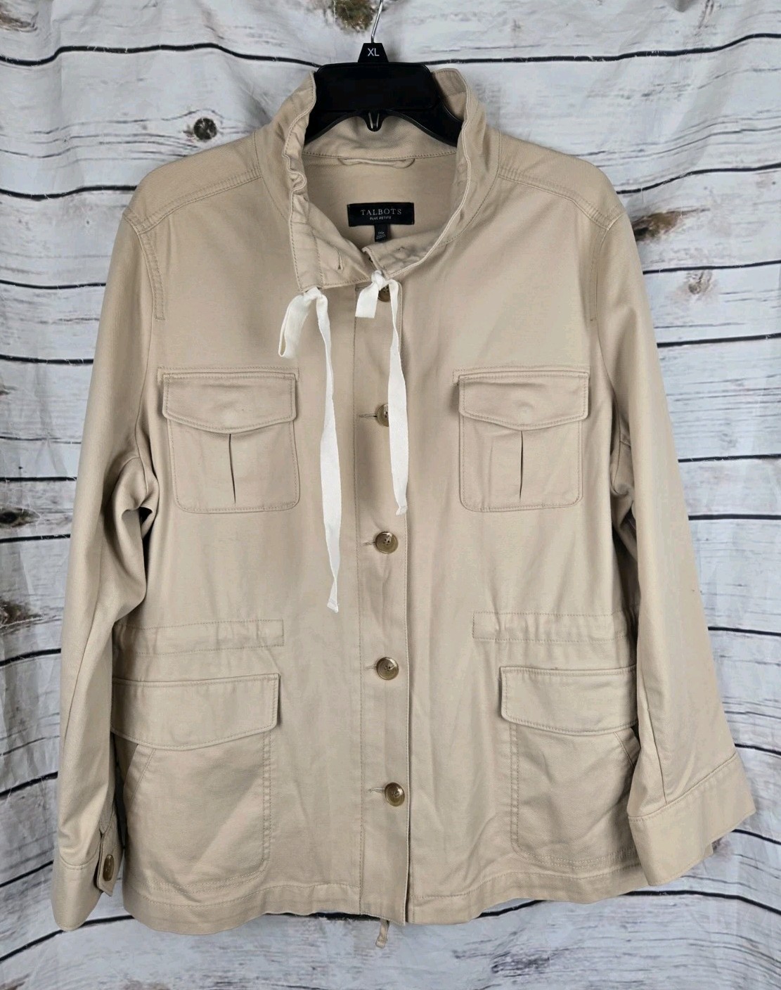 Talbots Utility Safari Tan Jacket 1XP Tie Drawstring Cargo Cotton Blend Womens