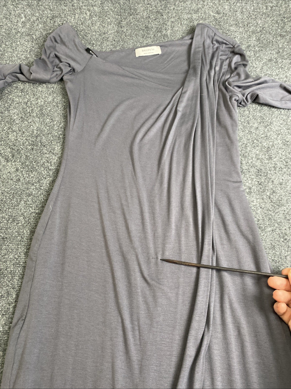 Bailey 44 Form Fitting Slate Gray Asymmetrical Pleated Lined Dress Size M (?)
