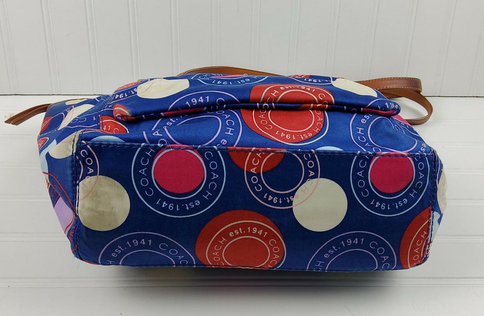 COACH Polka Dot Leah F14667 Blue White Red Shoulder Handbag Purse with Pouch