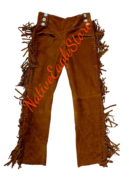 Old Style Cognac Brown Suede leather Western Fringes Side Buttoned Pants SP-26