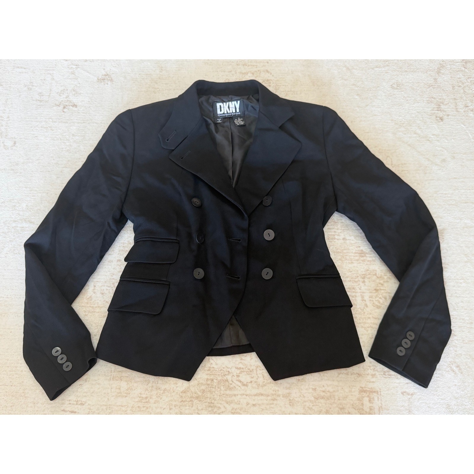 DKNY Donna Karan New York Womens Black Wool Blend Double Breasted Blazer Size 2