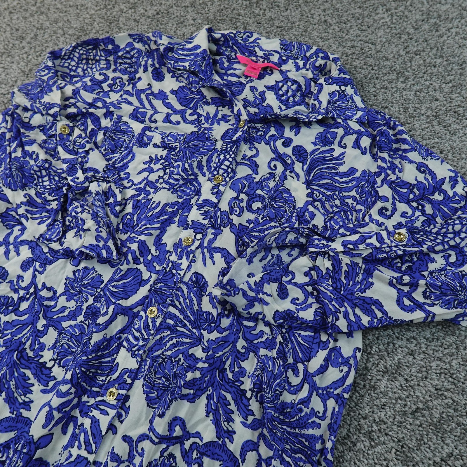 Lilly Pulitzer Dress Womens M Blue Tropical Floral Button Shirt Long Sleeve Top