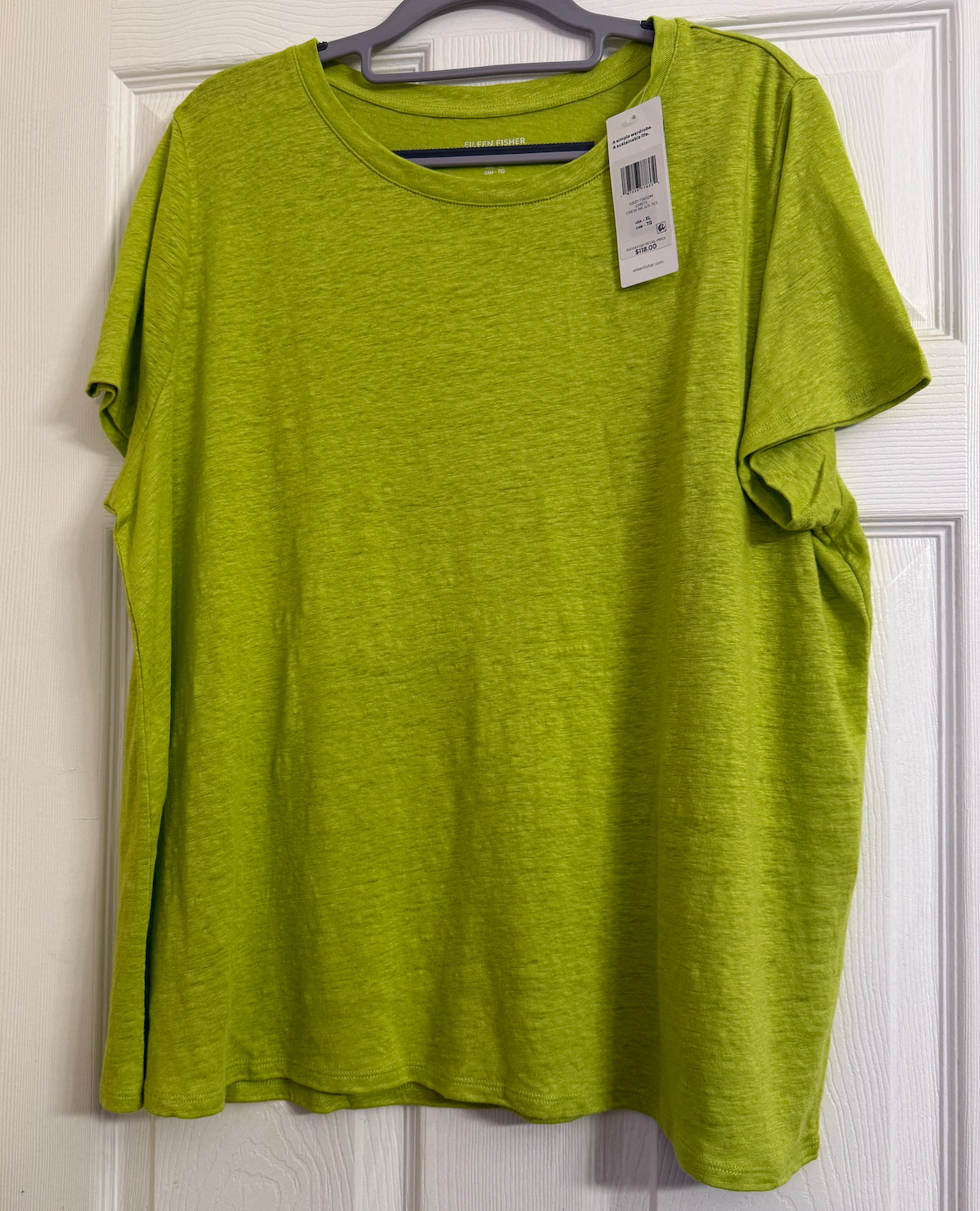 NWT $118 Eileen Fisher Chartreuse Organic Linen Jersey Crew Neck Tee L XL