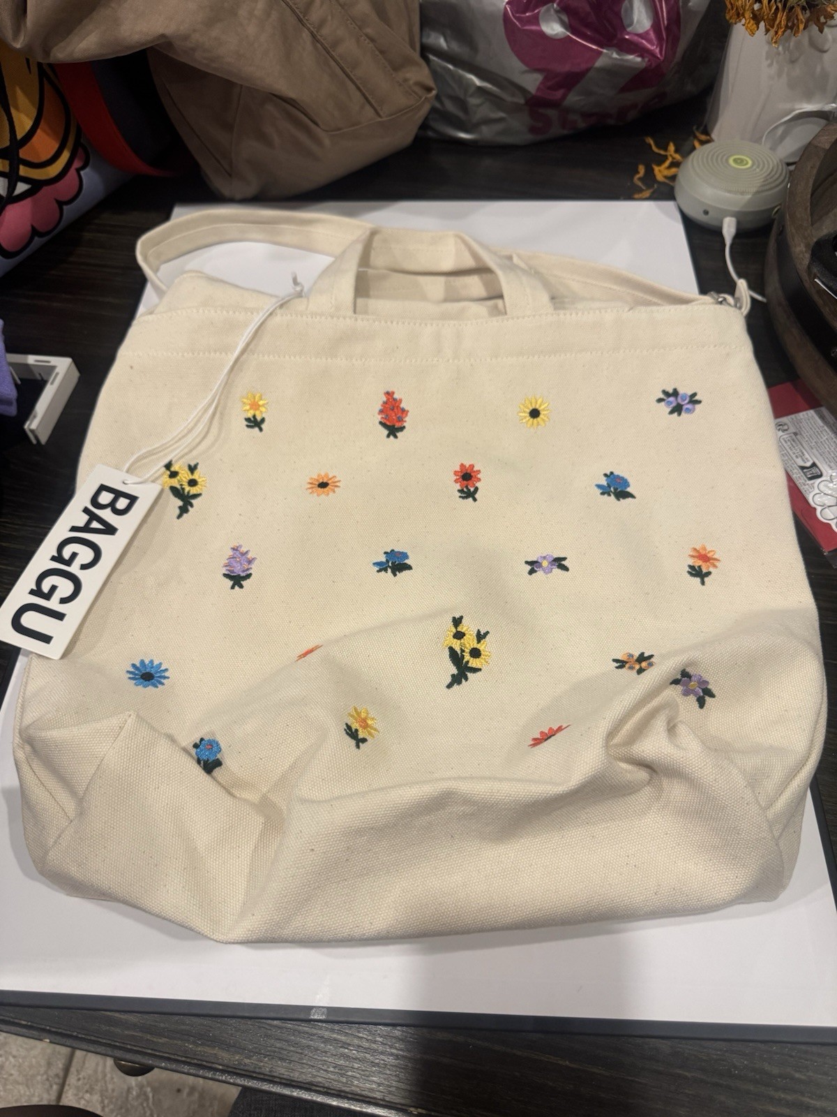 BAGGU Beige Floral Embroidered Zip Top Tote Bag w/ Detachable Adjustable Strap