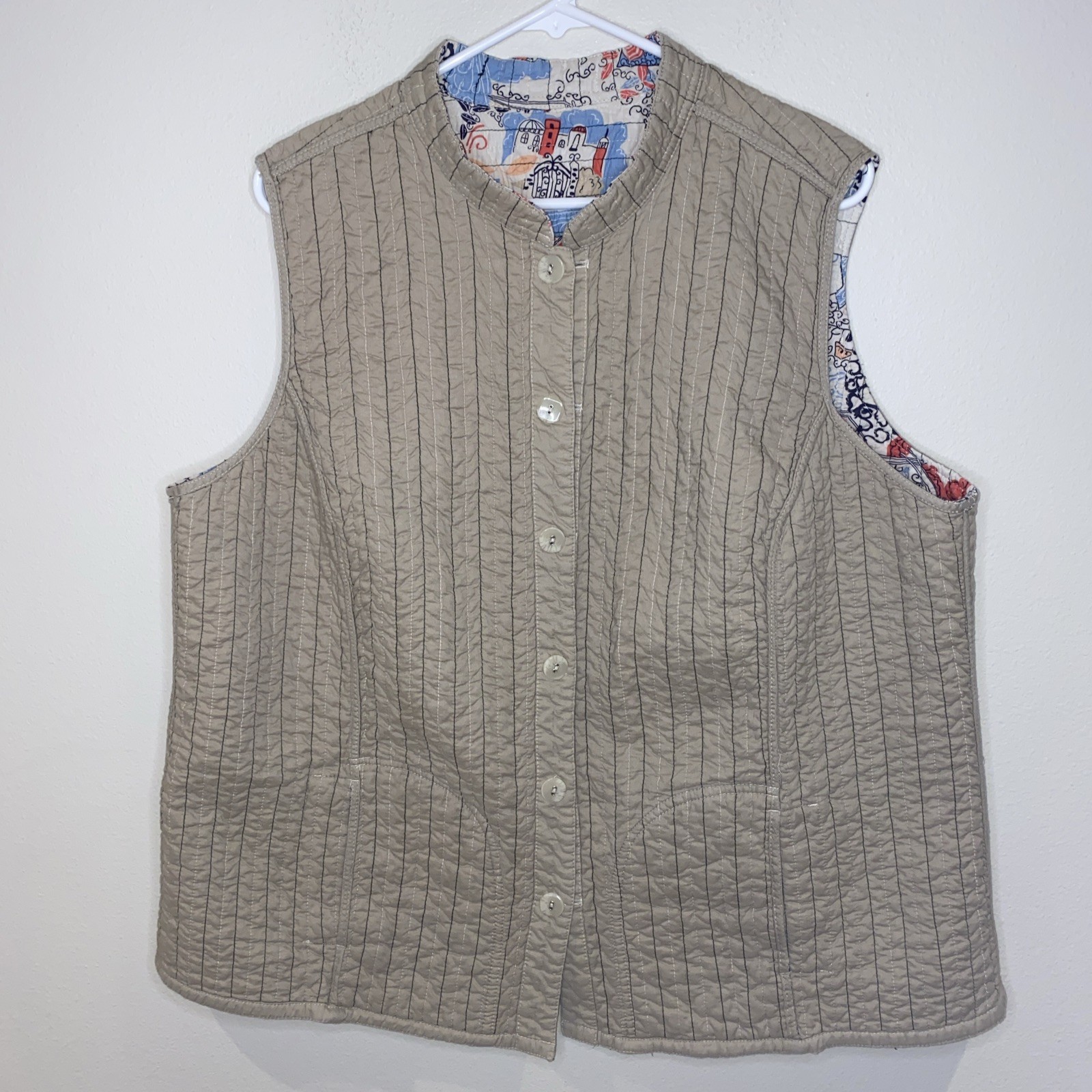 Handmade Reversible Quilted Vest Multicolor Button Closure Pockets XL – 2XL