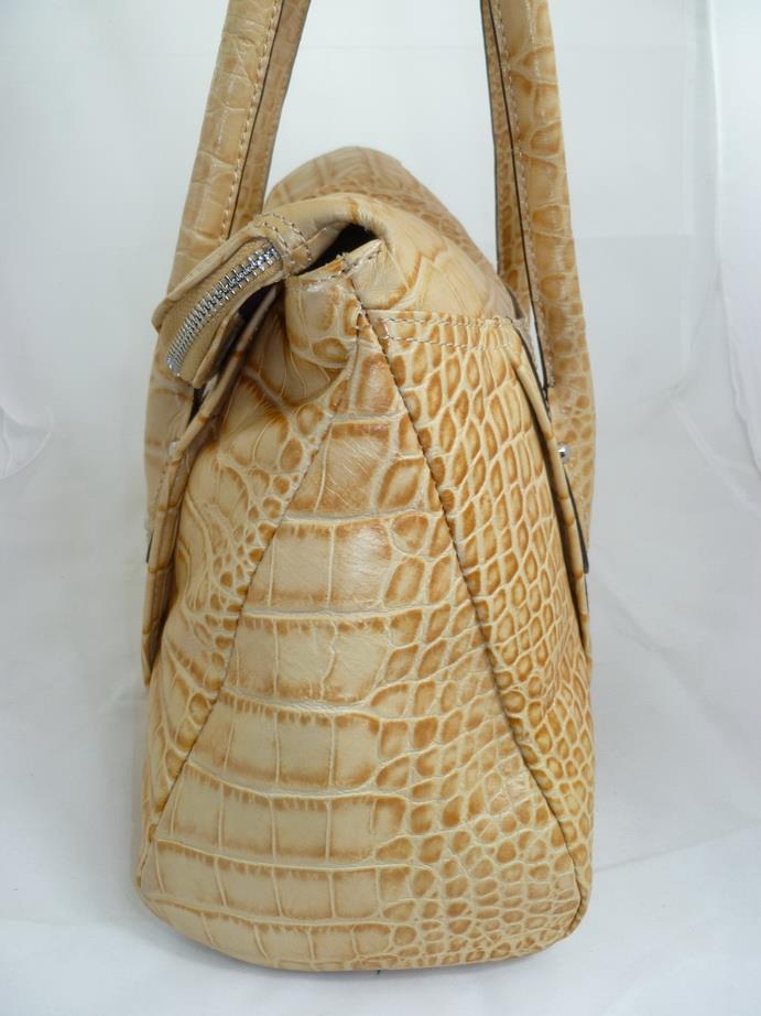 B MAKOWSKY USED CROC EMBOSSED KHAKI LEATHER FOLD OVER TOTE/SHOULDER BAG/SHOPPER