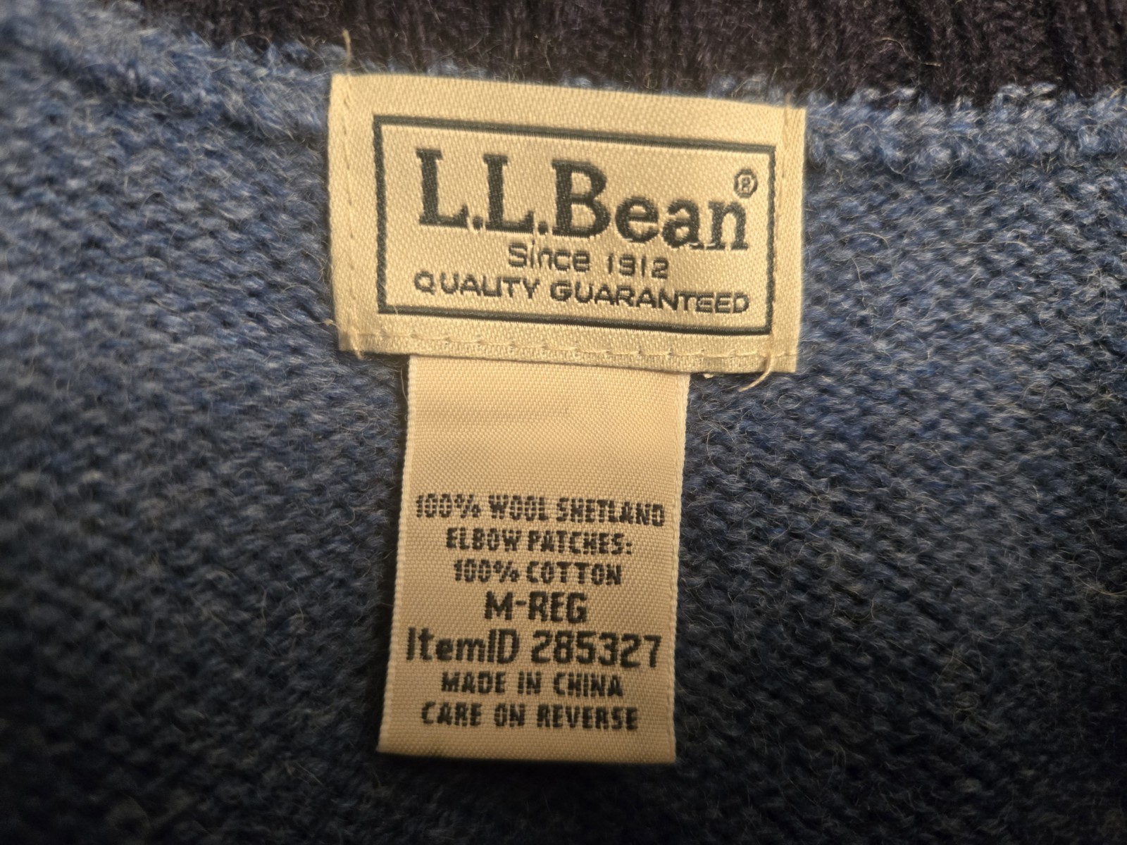 LL Bean Sweater Mens Medium Blue Shetland Wool Corduroy Elbow Patches 1/4 Zip