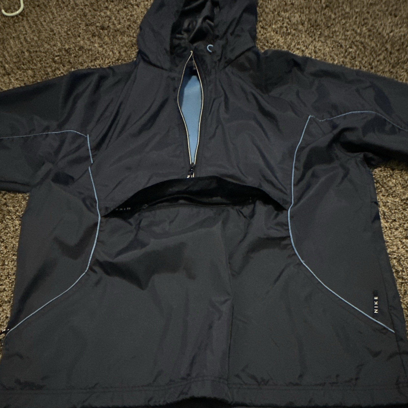 Nike Men’s Hooded Full-Zip Windbreaker Jacket Navy Nylon XL Woven Stand Collar