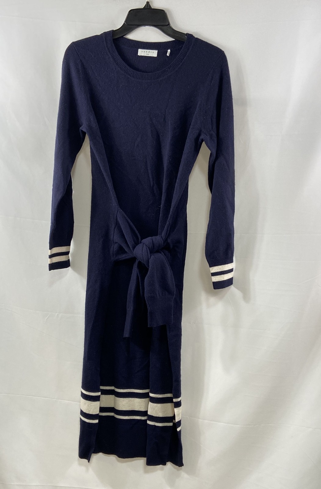 Sandro Paris Women’s Blue White Wool Cashmere Striped Knit Tie Waist Dress Sz 36