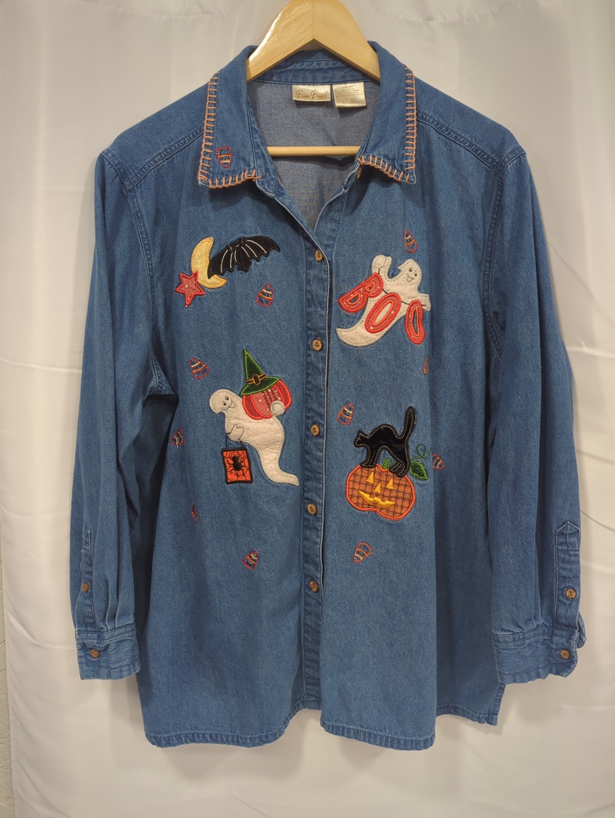 Bobbie Brooks Woman 18w/20w Denim Halloween Embroidered Long Sleeve Ghost Cat