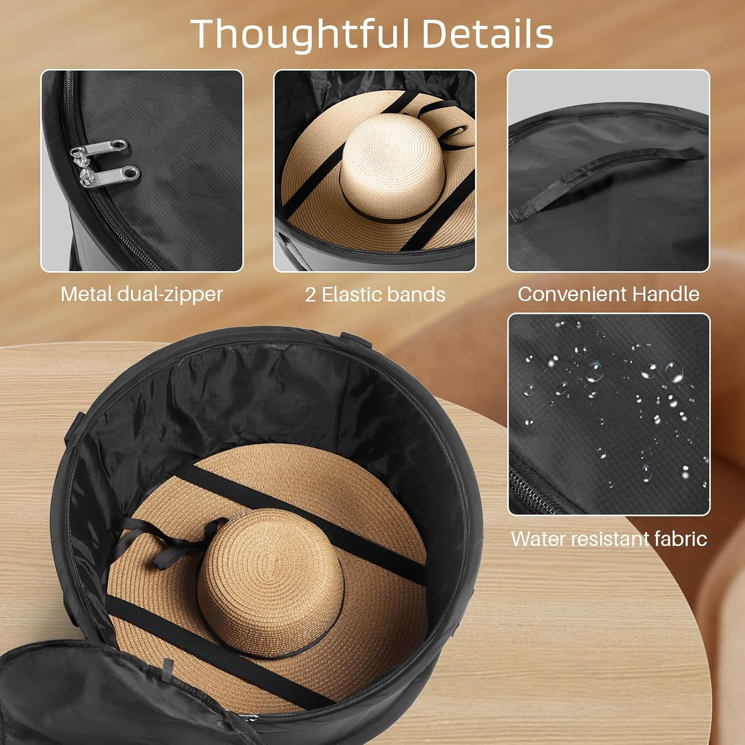 Black Large Modern Hat Box for Storage, Stackable Hat Organizer Case for Cowboy