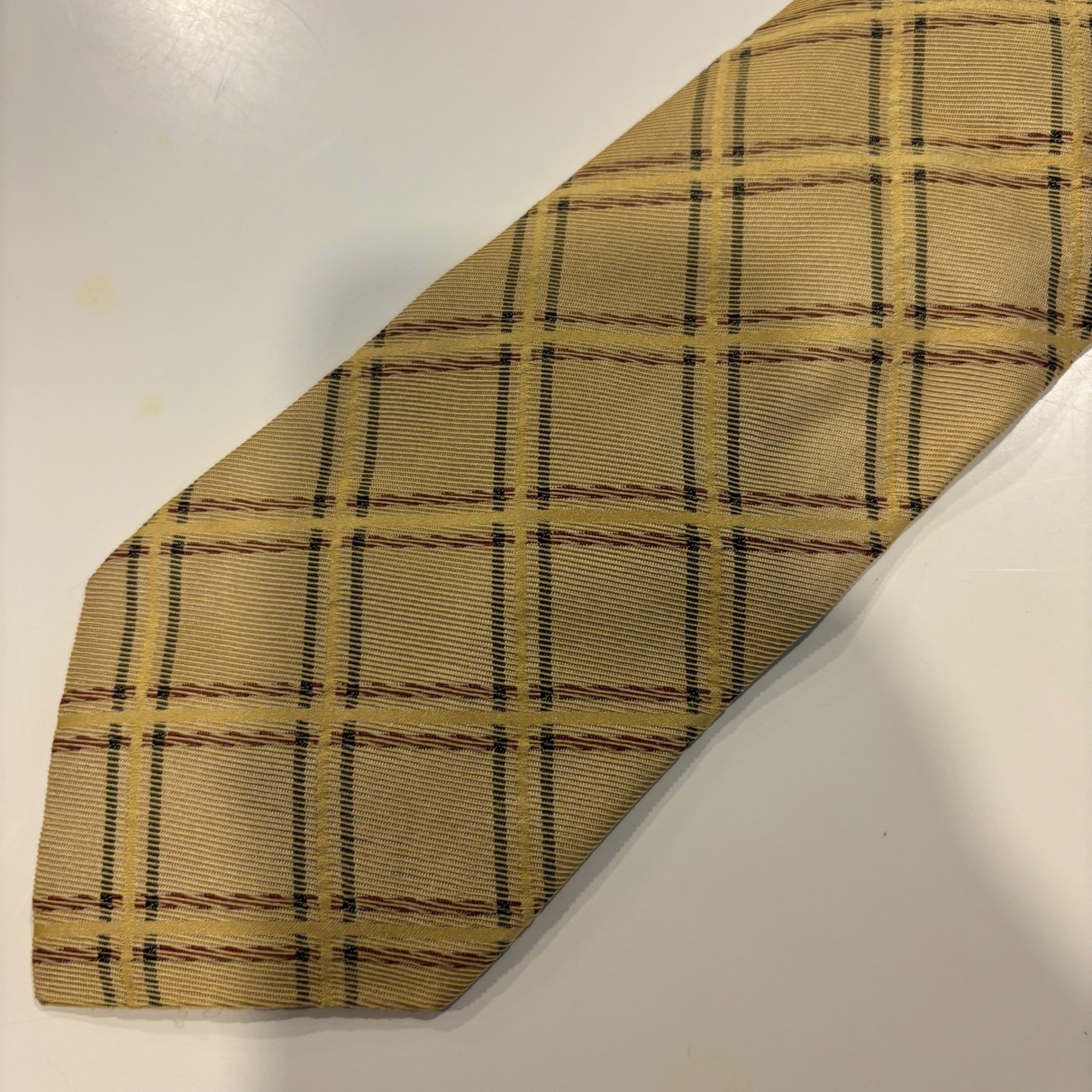 Burberry London Necktie Mens OS Gold Tan Excellent Silk Windowpane Check Italy