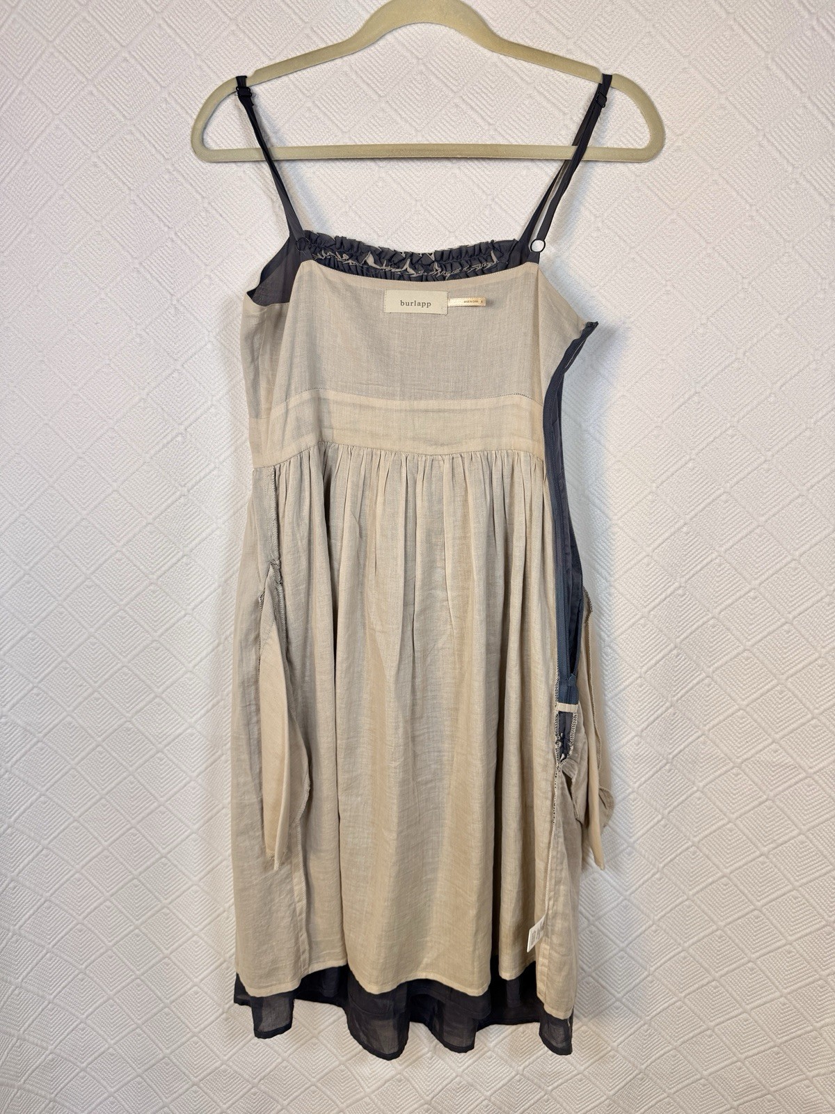 Burlapp Fit-and-Flare Grey Blue Silk Cotton Eyelet Dress Ruffled Bodice 4 Party