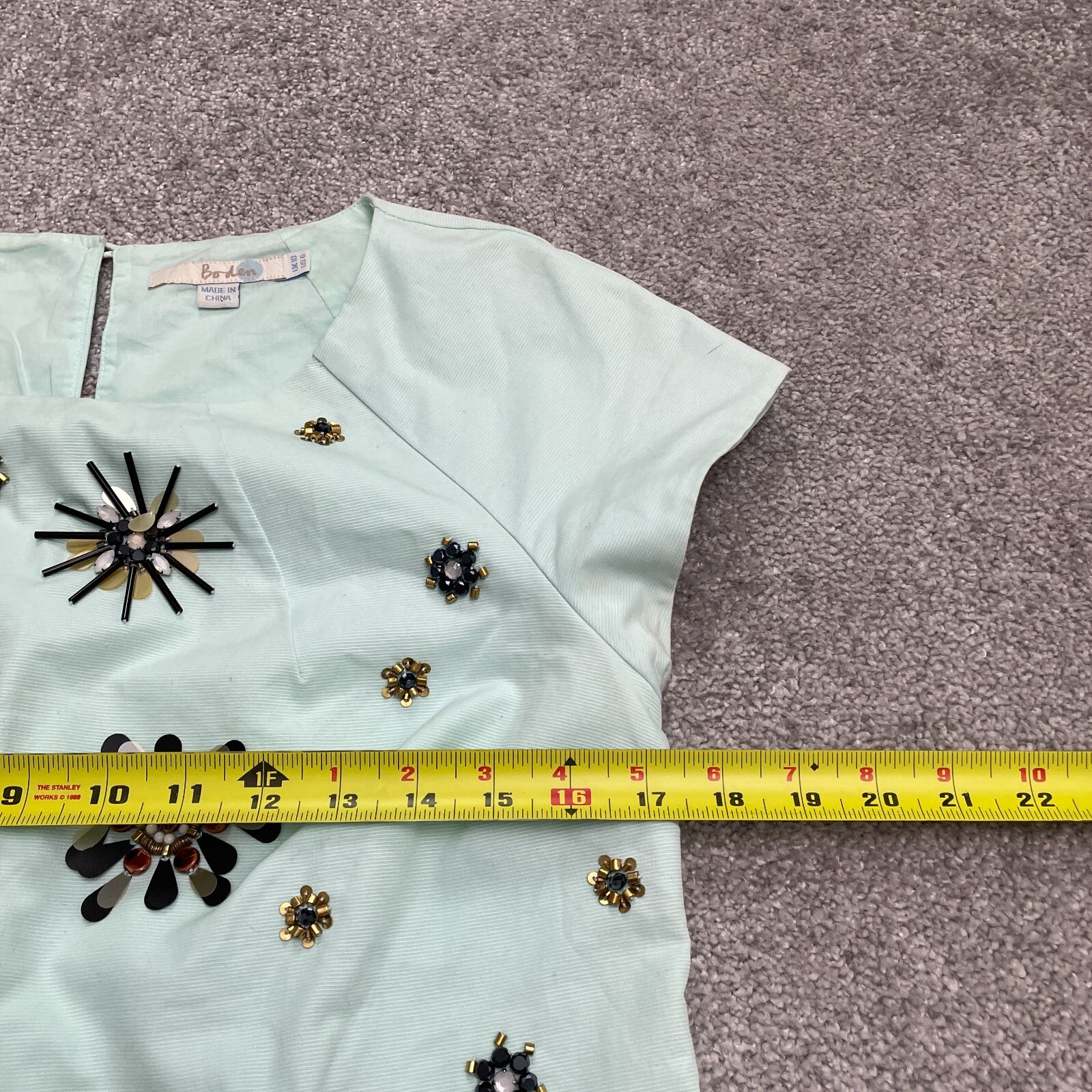 Boden Embellished Beaded Floral Top Blouse Womens 10 Min Green Cotton Stretch