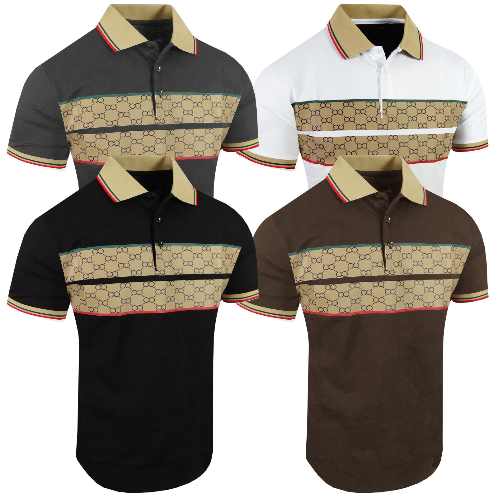 Polo Shirt Sport Stripe Chest Panel Italian Logo Print Slim Fit Stretch T-Shirt