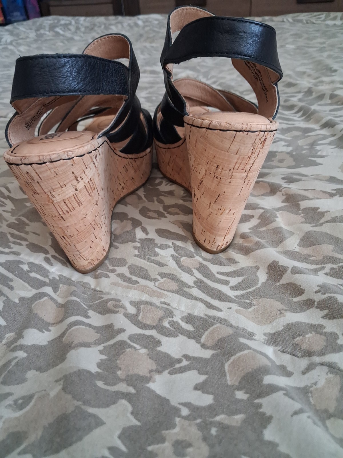 Born Black Leather Cork Wedge Sandals Women’s Size 10