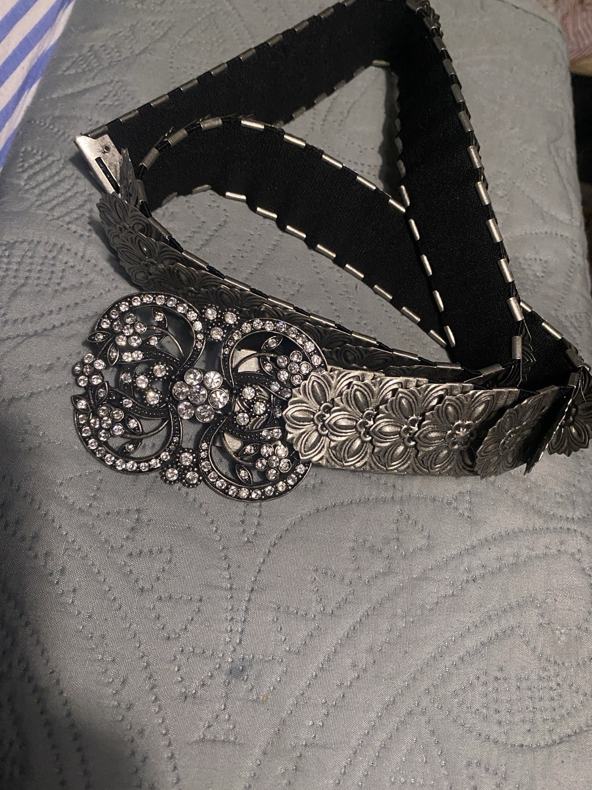 Ornate Metal & Stretchy Elastic Belt Rhinestone Buckle 30-40 Inches
