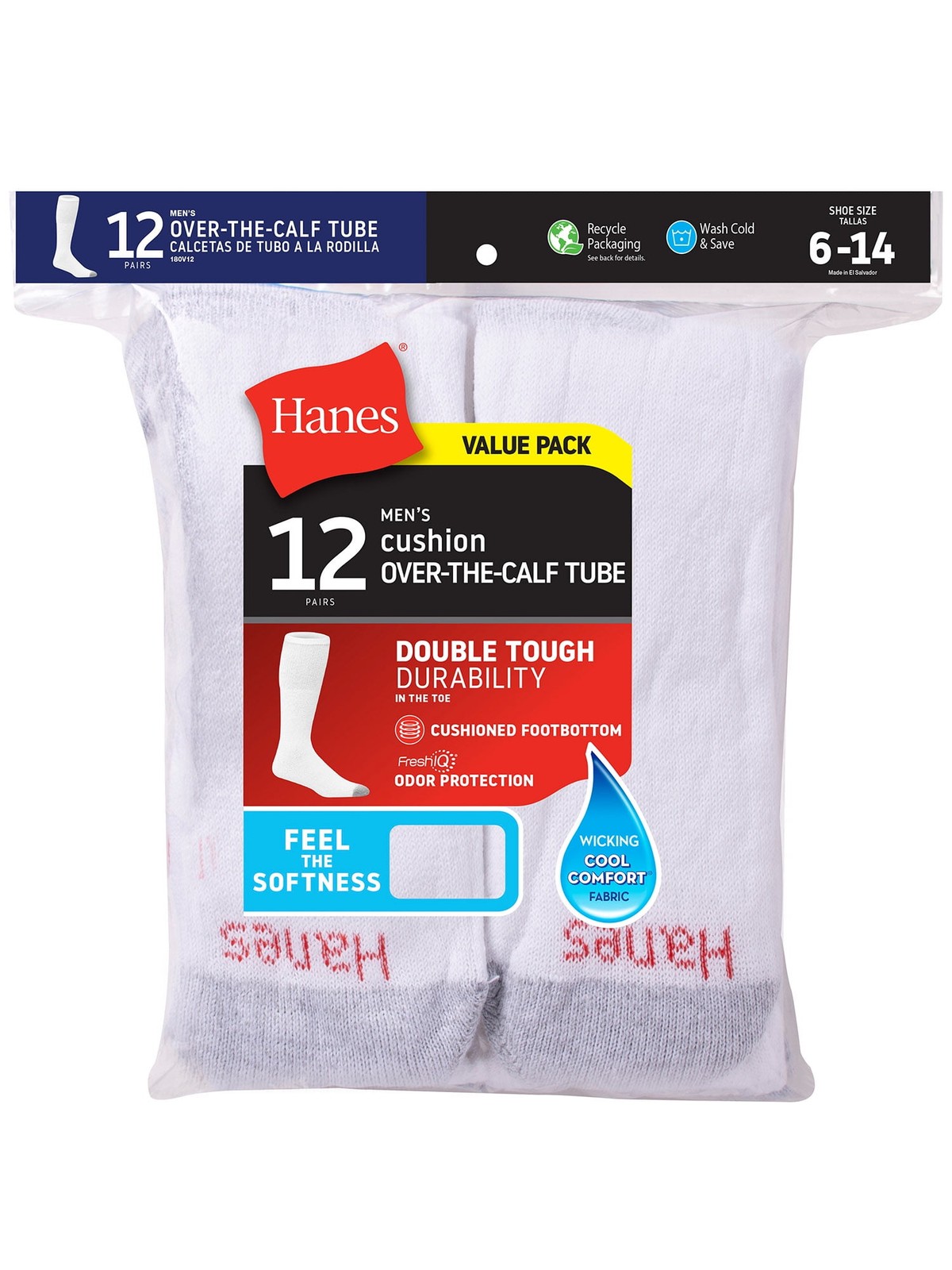 Hanes Men’s Double Tough Durability Over-the-Calf Tube Socks, 12-Pack New