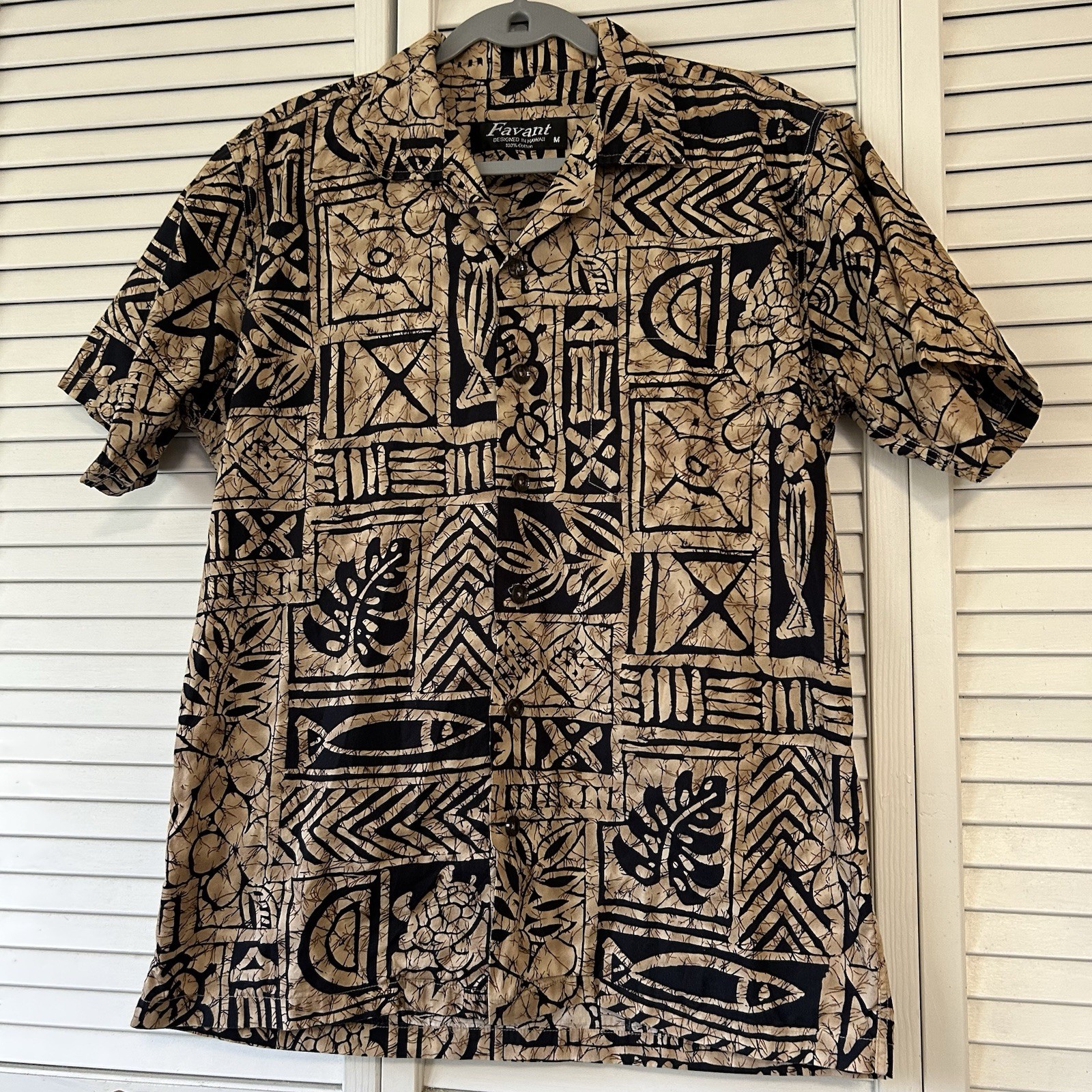 Favant Hawaiian Aloha Shirt Mens M Tapa Honu Fish Pattern Matched Pocket Cotton