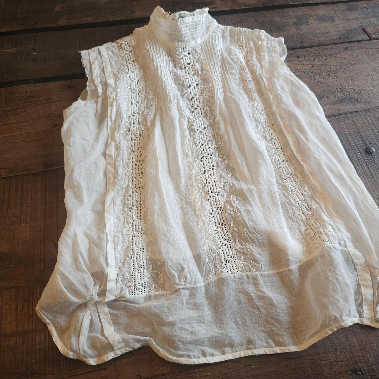 Antique Embroidered White Sleeveless Blouse Mock Neck As Is Top Shirt Edwardian