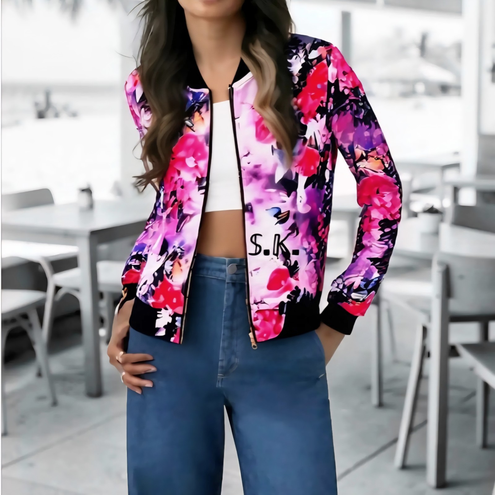 New- ALLEGRA K Women’s Pink Floral Full Zip Silky Bomber Jacket size LARGE