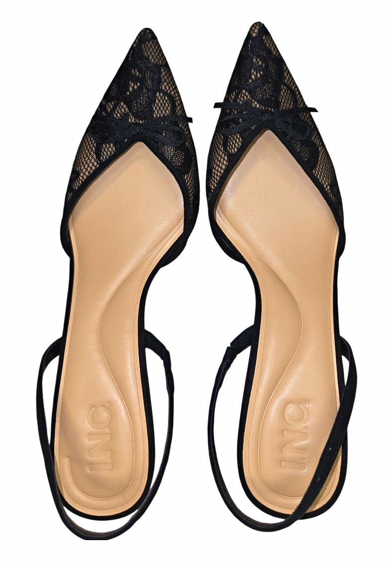 I.N.C. Women’s Size 8.5 Black Lace Pointed-Toe Slingback Heels Bow Detail