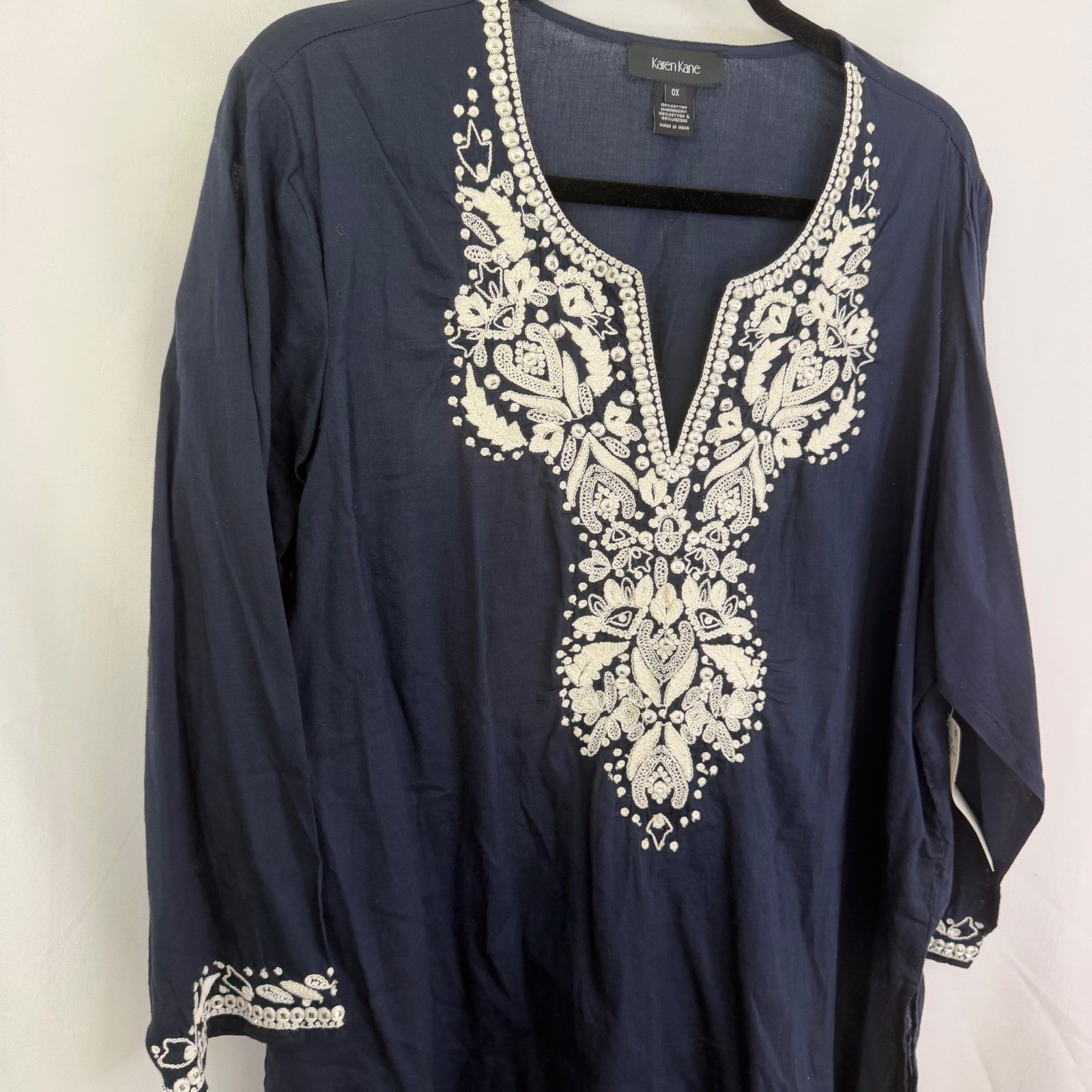 Karen Kane Embroidered Tunic Top Navy Blue 0X NWT Luxury Boho Chic $158