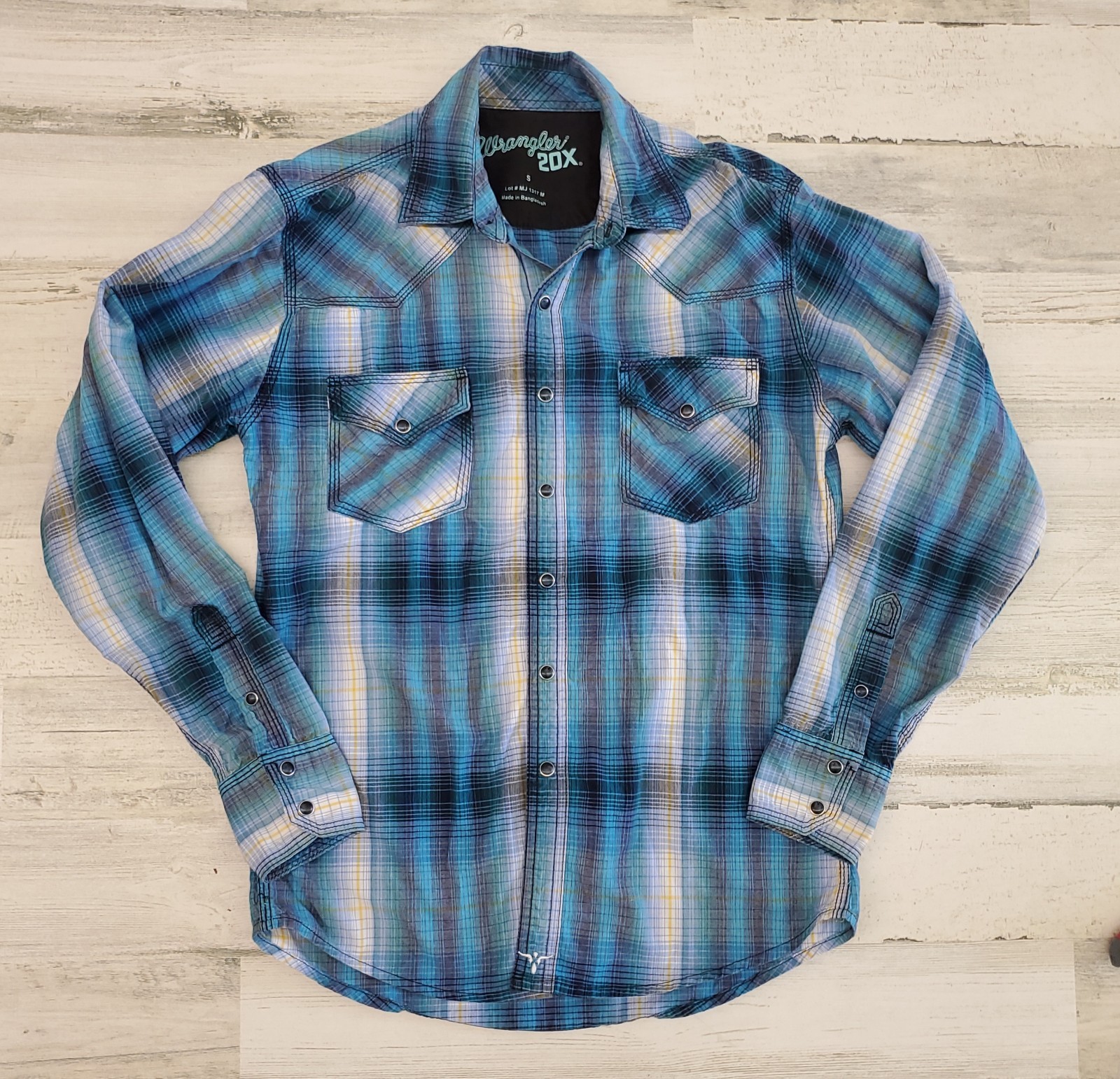Wrangler 20x Pearl Snap Shirt Mens Size Small Plaid Blue Western 100% Cotton